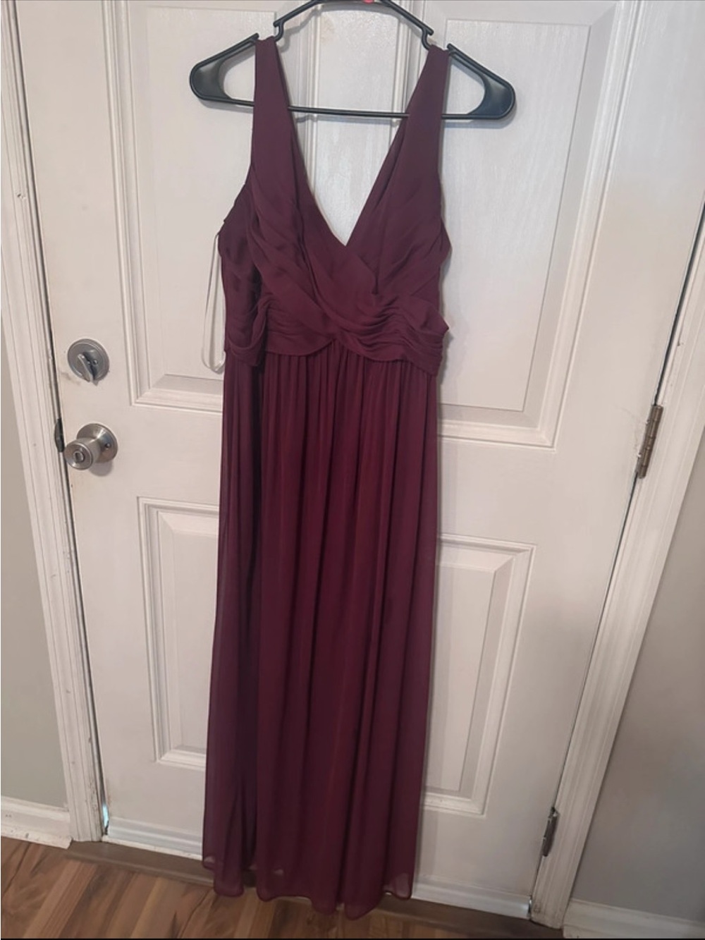 David's Bridal Deep Burgundy V-Neck Chiffon Prom Gown